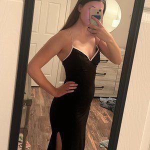 "Madame X" Black V-Neck Pearl Strap Midi Dress